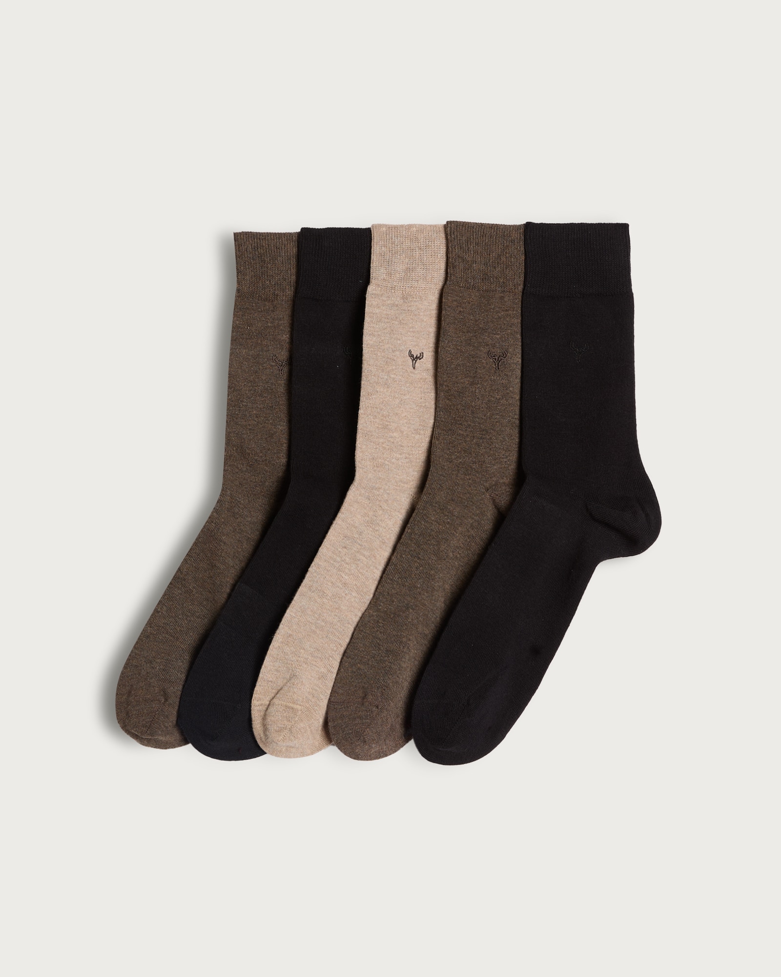 F&F 5-Pack Cotton Blend Stag Embroidery Ankle Socks in Multi Brown