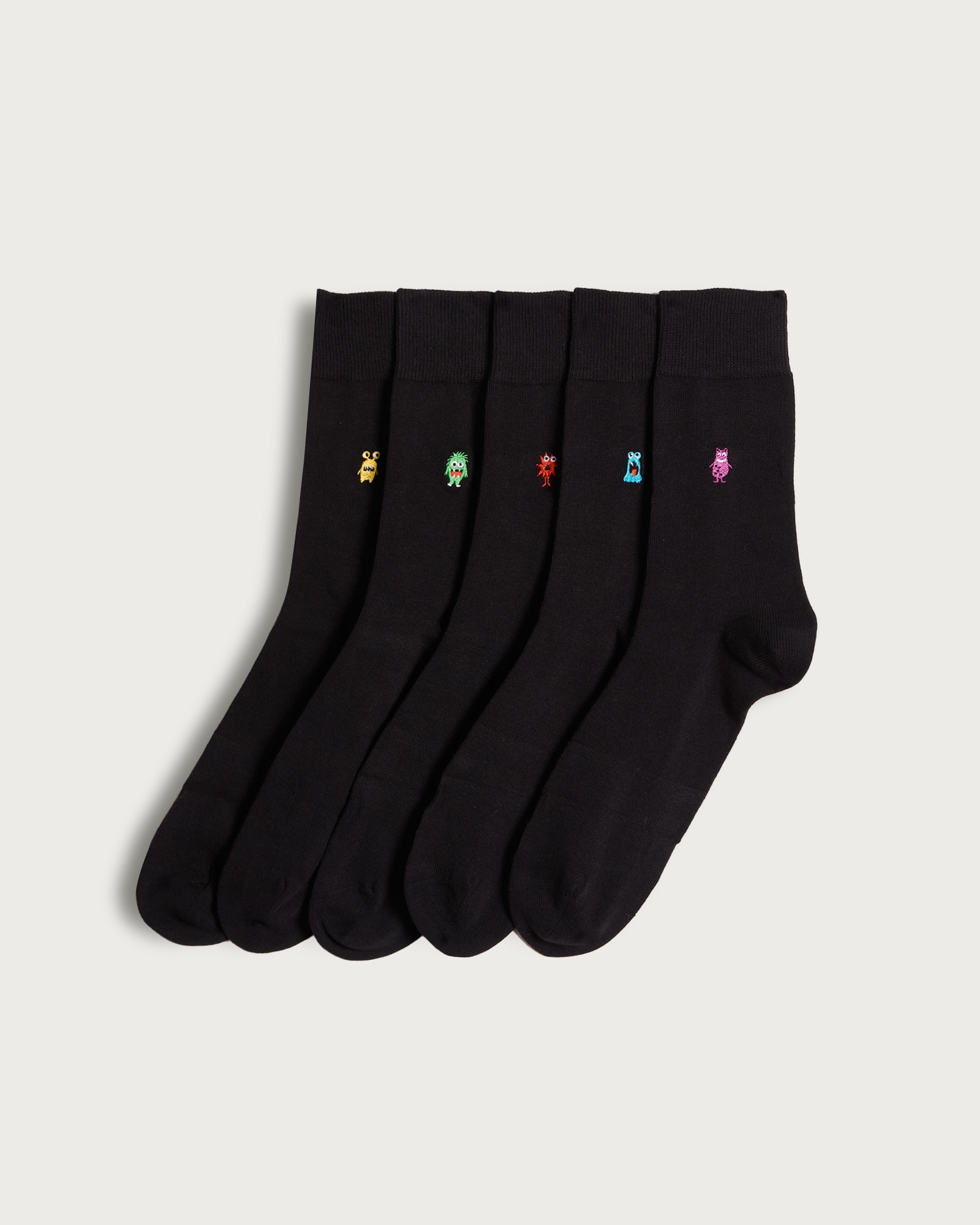 F&F 5-Pack Cotton Rich Monster Embroidery Ankle Socks in Black