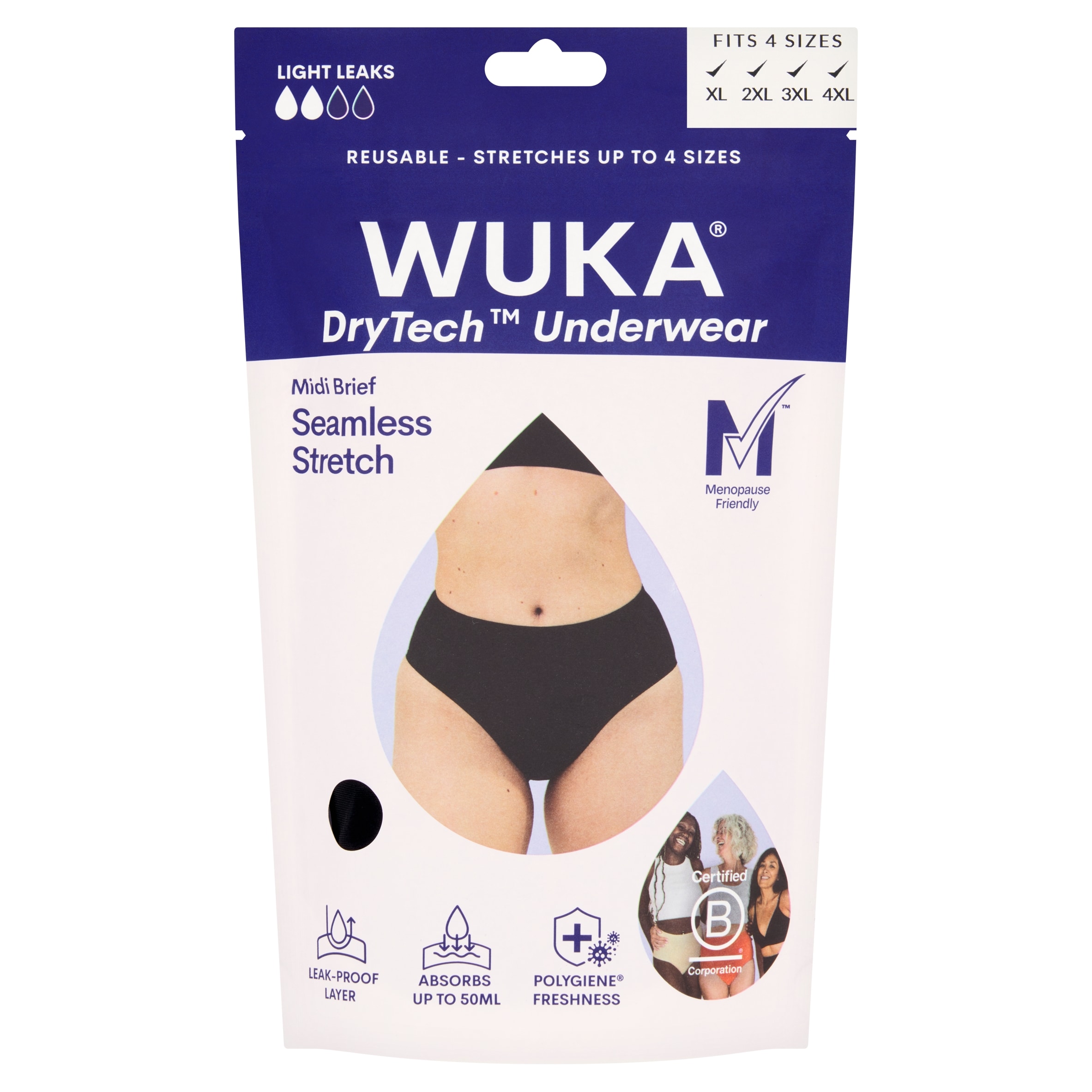 WUKA Dry Tech Midi Brief Underwear for Light Leaks Black - Size 2