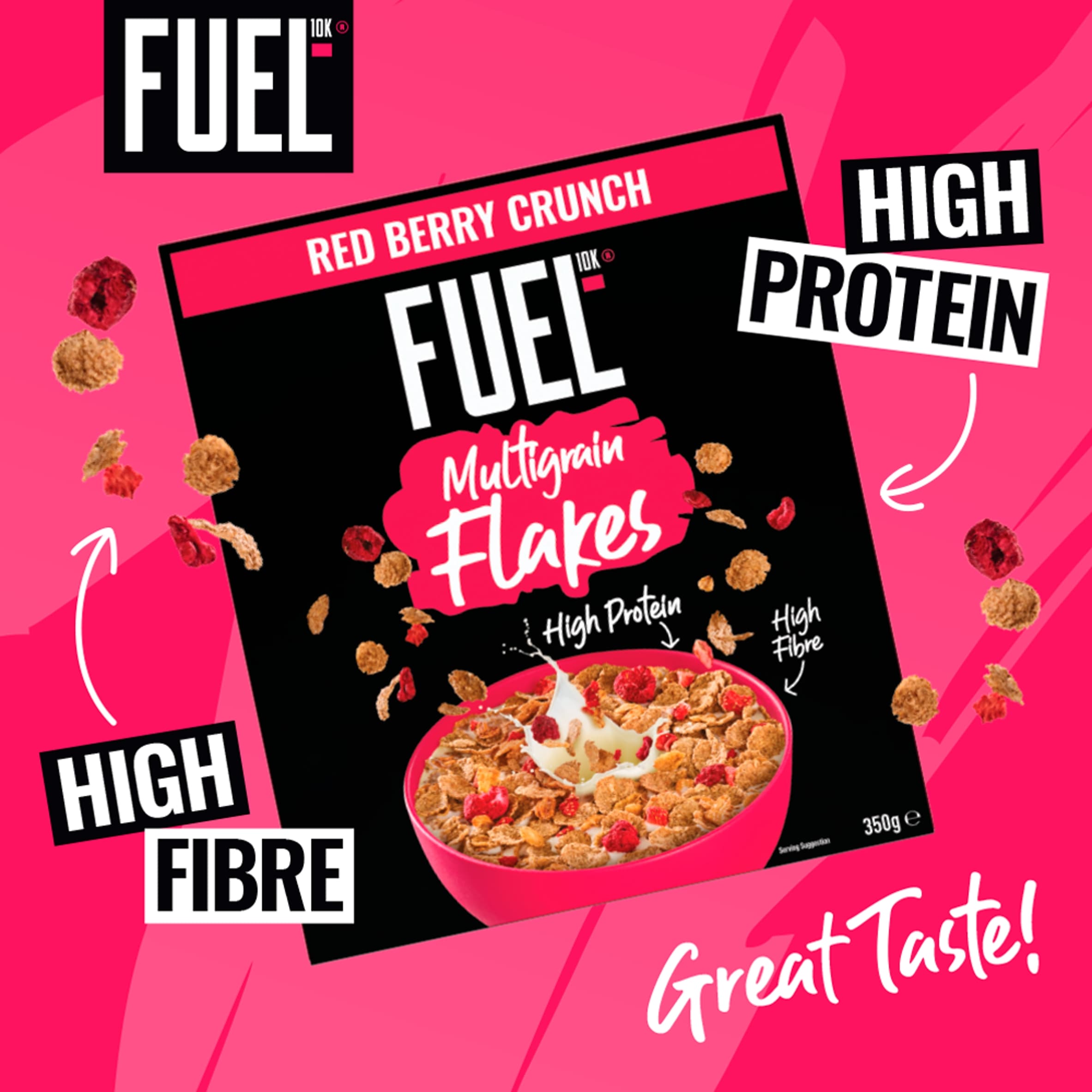 FUEL10K Red Berry Multigrain Flakes High Protein Breakfast Cereal 350g thumbnail 2