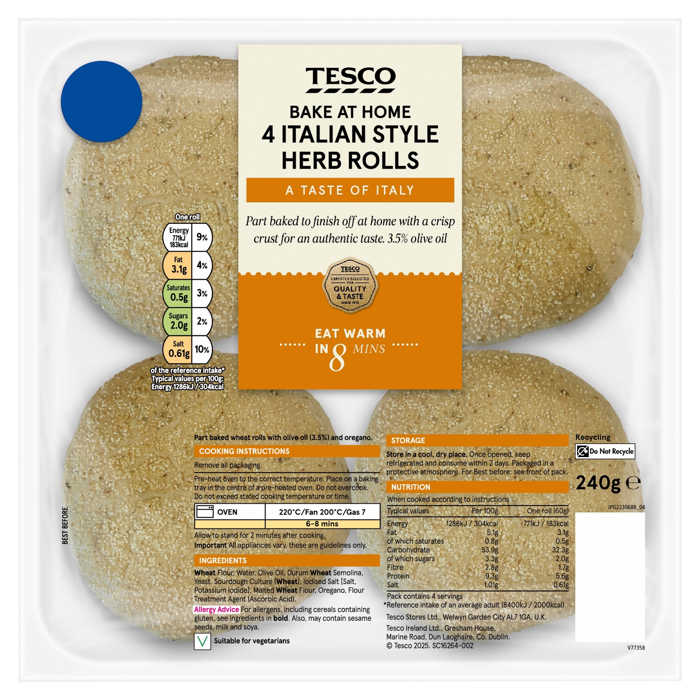 Tesco bake at home Italian style herb rolls 4 Pack