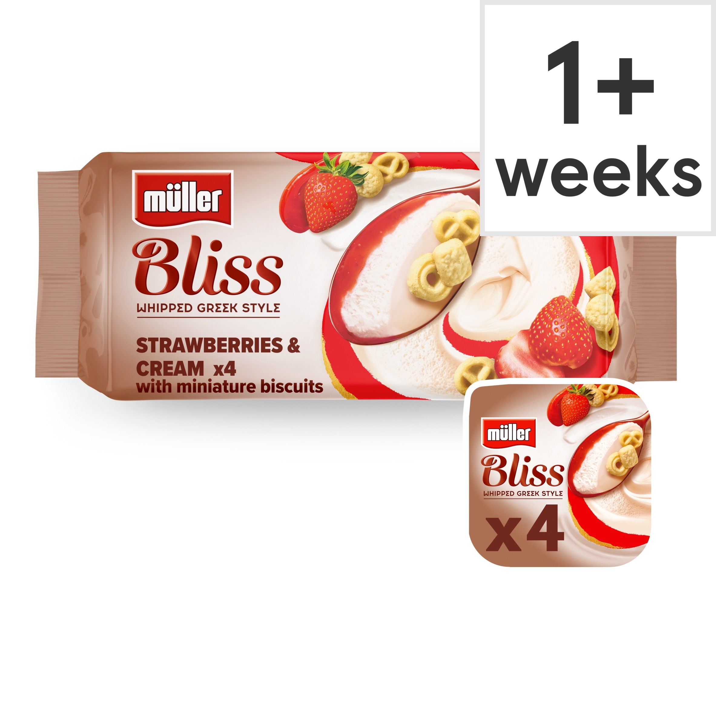 Muller Bliss Whipped Greek Style Strawberries & Cream with Miniature Biscuits 4 x 100g (400g)