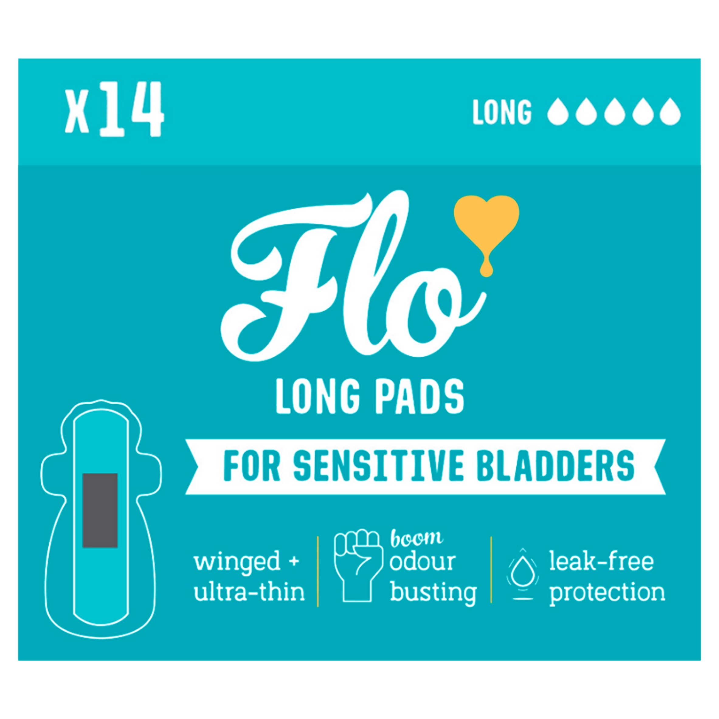 Flo Sensitive Bladder Bamboo Long Pads with Wings (14 pads) - Discreet, Medium Incontinence, Ultra Thin + Hypoallergenic