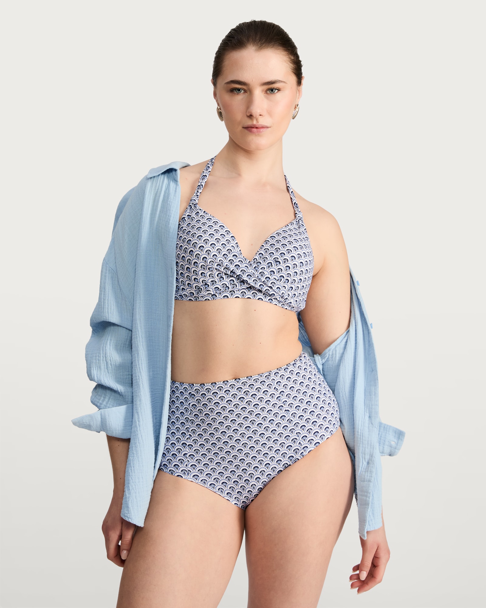 F&F Geometric Print High Waisted Bikini Bottoms in Blue
