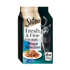 SHEBA Fresh & Fine Wet Cat Food Pouches with Tuna & Salmon & Whitefish in Jelly 6x50g