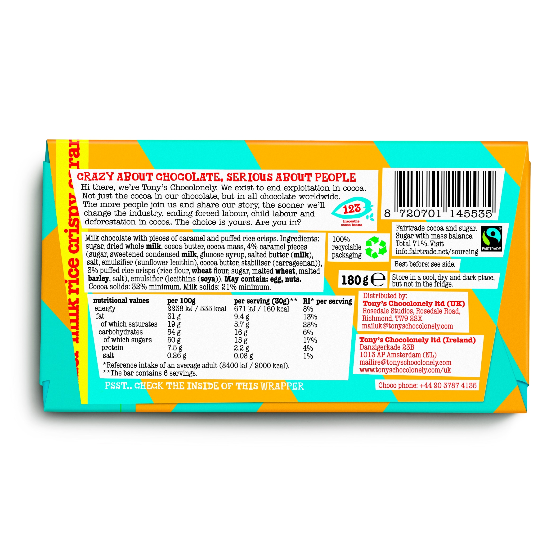 Tonys Chocolonely Milk Chocolate Rice Crisp Caramel 180g thumbnail 2