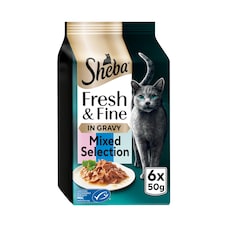 SHEBA Fresh & Fine Wet Cat Food Pouches with Salmon & Tuna & Trout in Gravy 6x50g