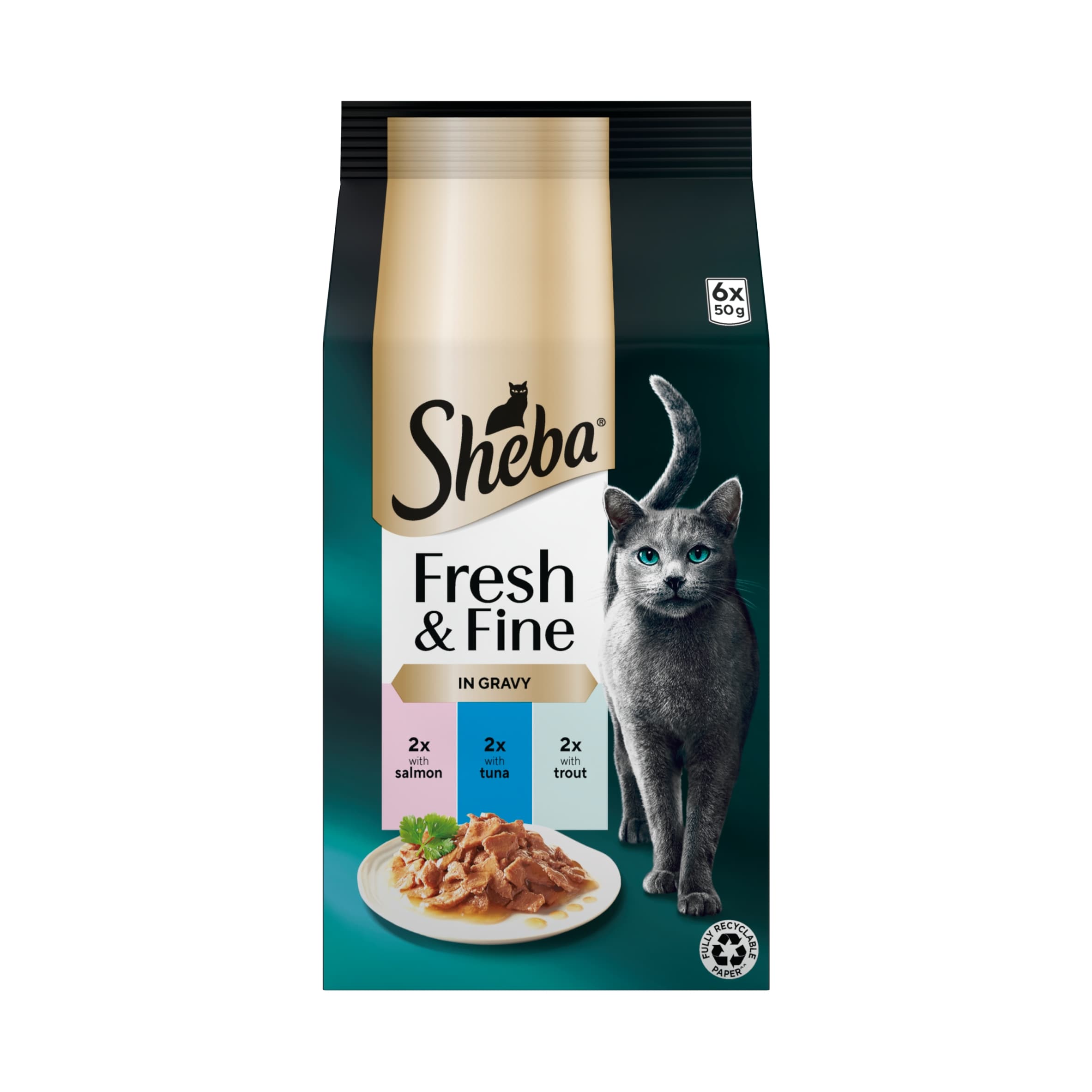 SHEBA Fresh & Fine Wet Cat Food Pouches with Salmon & Tuna & Trout in Gravy 6x50g thumbnail 4