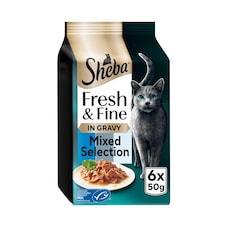 SHEBA Fresh & Fine Wet Cat Food Pouches with Tuna & Cod & Whitefish in Gravy 6x50g