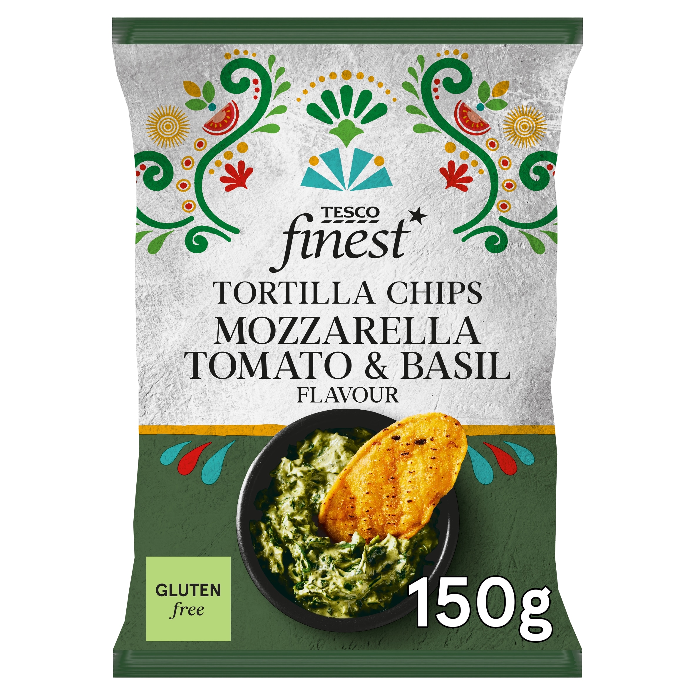 Tesco Finest Mozzarella, Basil & Tomato Tortilla Chips 150g
