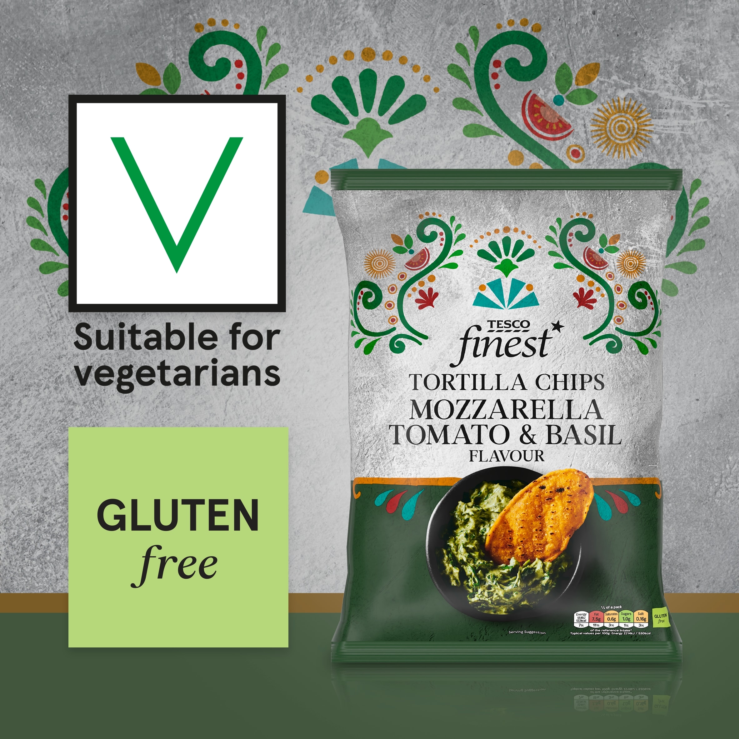 Tesco Finest Mozzarella, Basil & Tomato Tortilla Chips 150g thumbnail 2