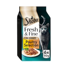 SHEBA Fresh & Fine Wet Cat Food Pouches with Chicken & Turkey & Duck in Gravy 6x50g