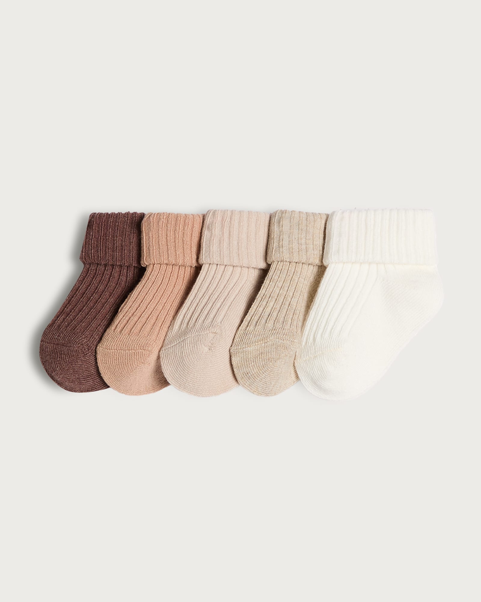 F&F Baby 5-Pack Cotton Blend Ribbed Roll Top Socks  in Beige