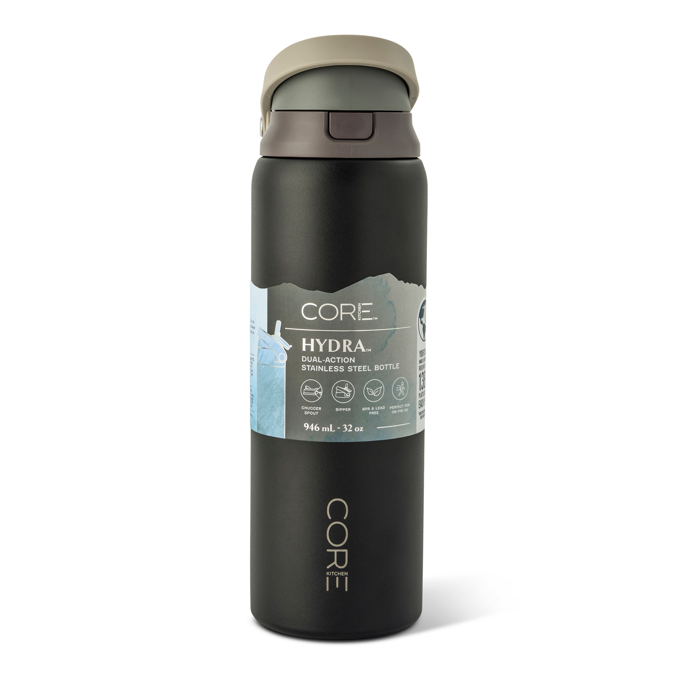 Core Kitchen Black Hydra Dual Function Water Bottle 946ml