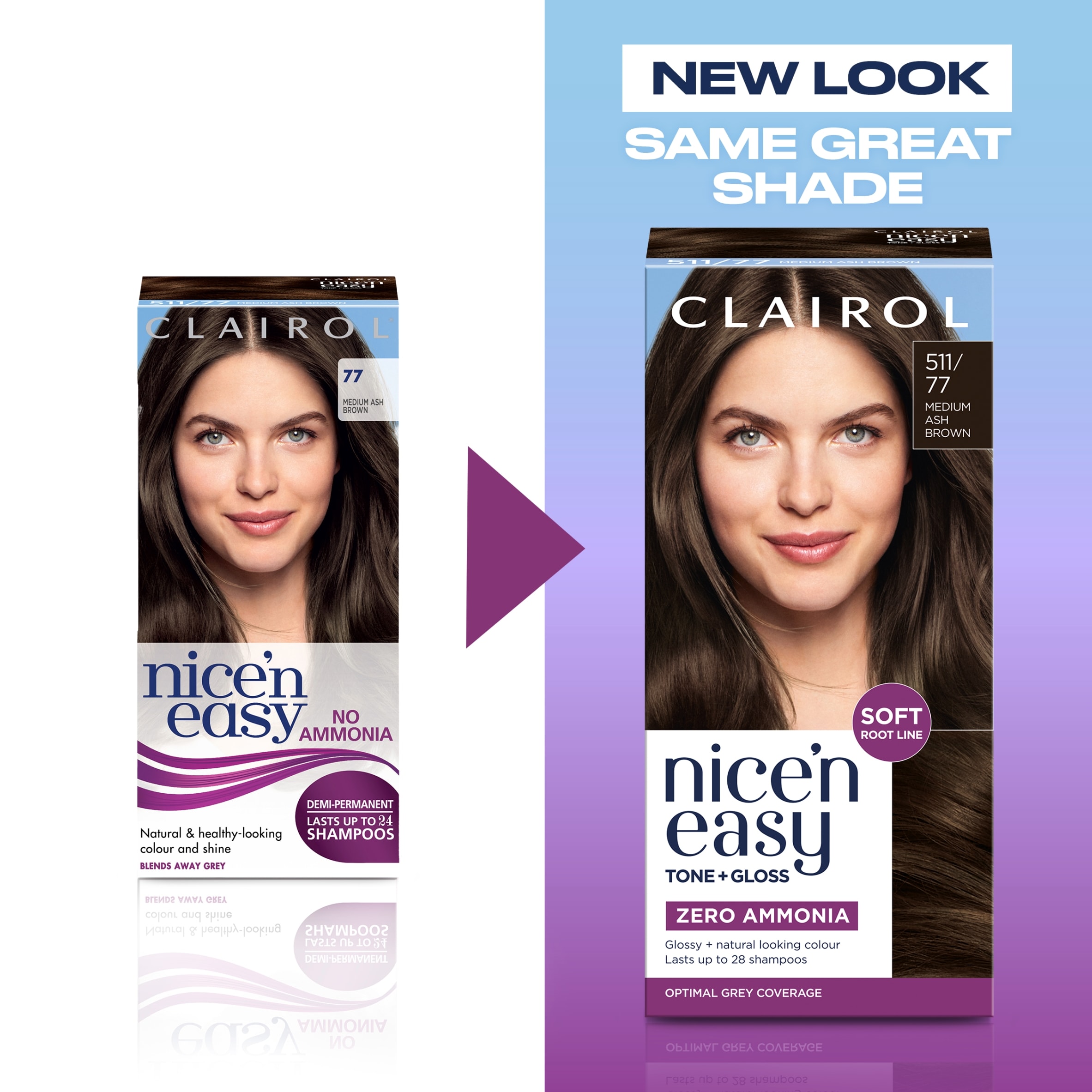 CLAIROL NICE'N EASY TONE+GLOSS SEMI PERMANENT HAIR DYE - 511/77 MEDIUM ASH BROWN thumbnail 2