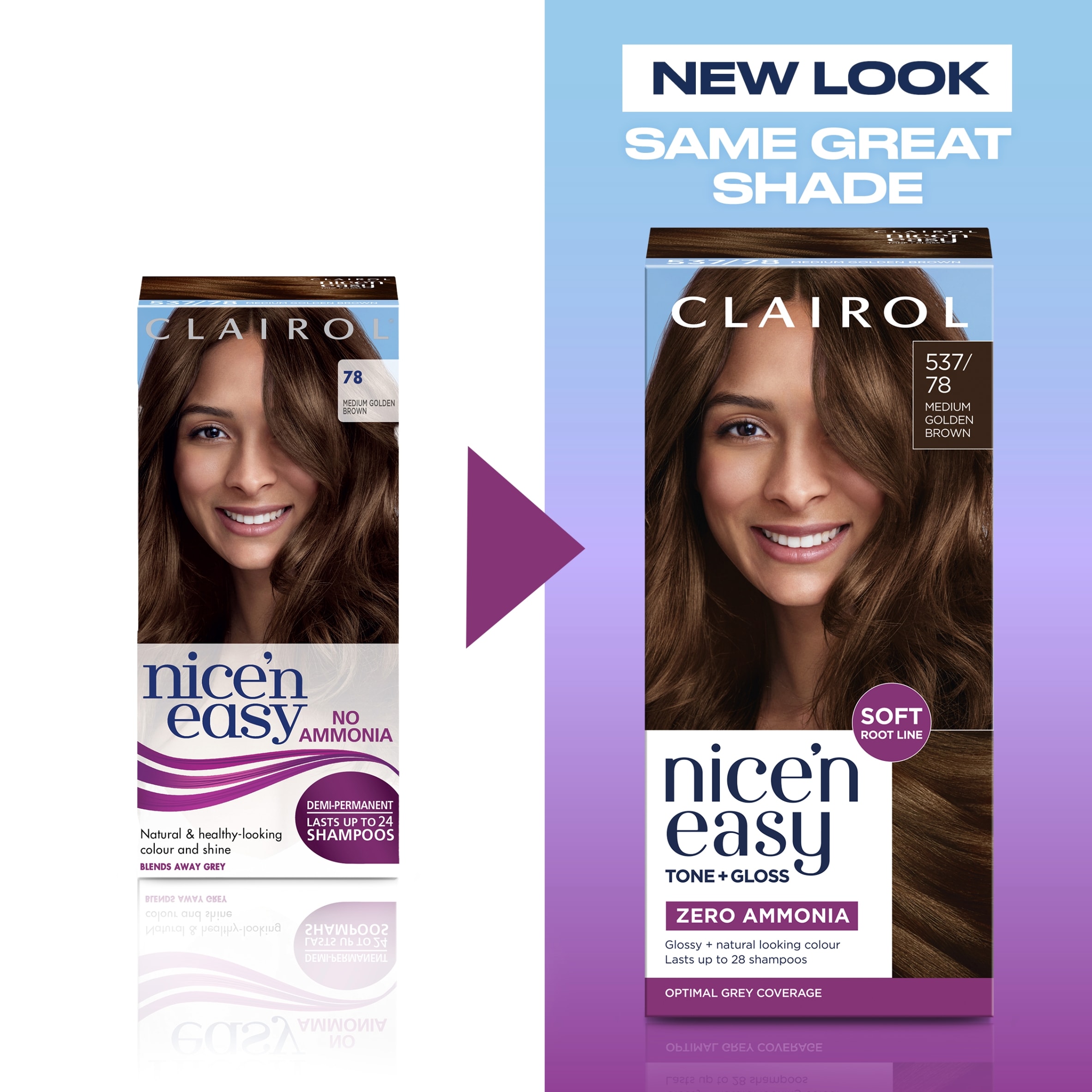 CLAIROL NICE'N EASY TONE+GLOSS SEMI PERMANENT HAIR DYE - 537/78 MEDIUM GOLDEN BROWN thumbnail 2