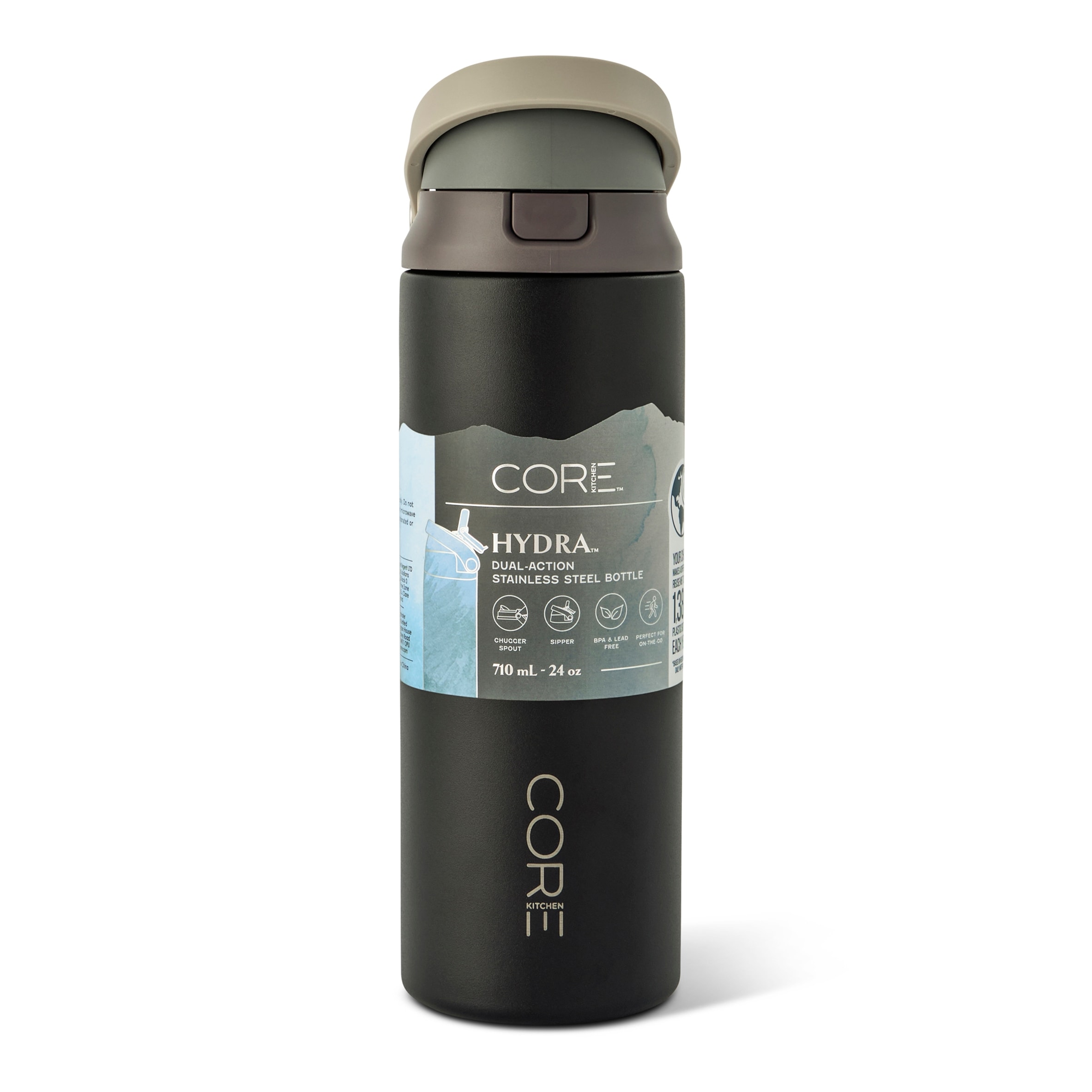 Core Kitchen Black Hydra Dual Function Water Bottle 710ml
