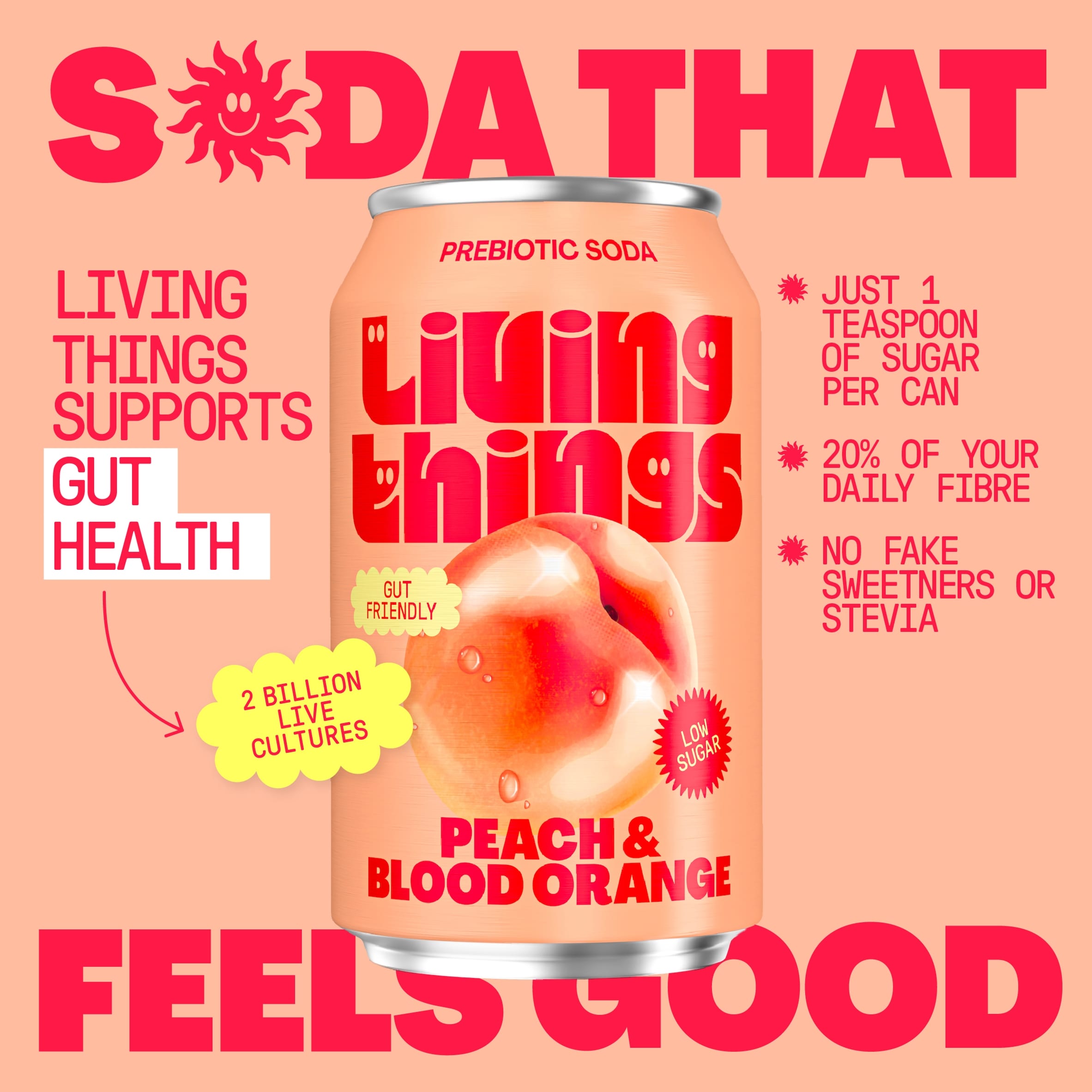 Living Things Peach & Blood Orange Soda 4x 330ml thumbnail 3