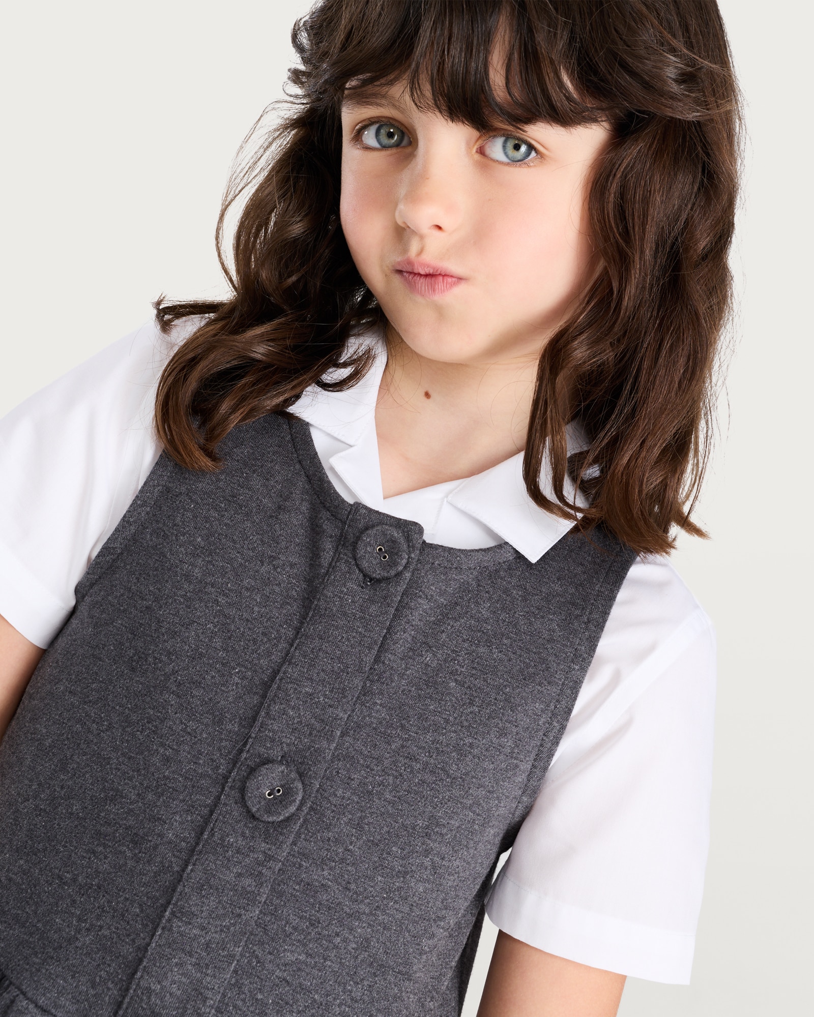 F&F School Girls Cotton Rich Button Through Pinafore in Grey