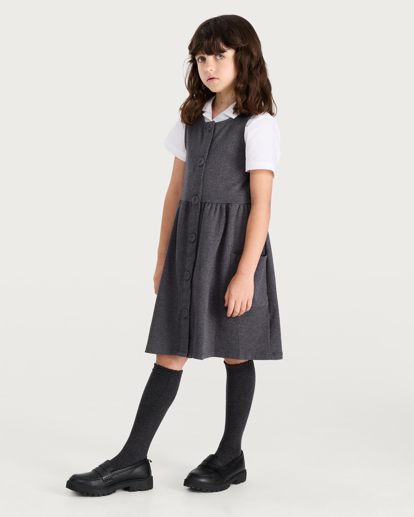 F&F School Girls Cotton Rich Button Through Pinafore in Grey thumbnail 2