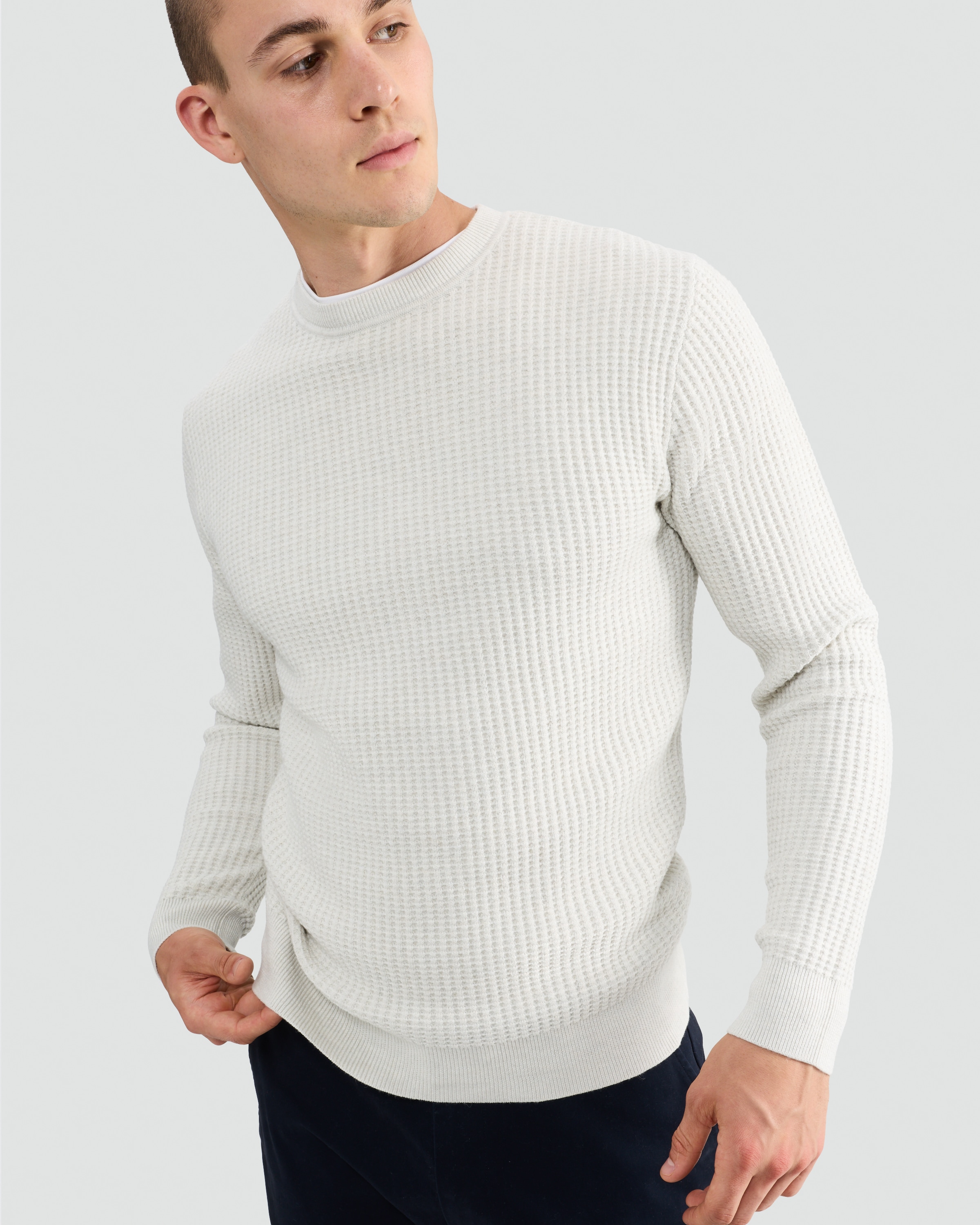 F&F Waffle Knit Crew Neck Jumper with Wool in Cream