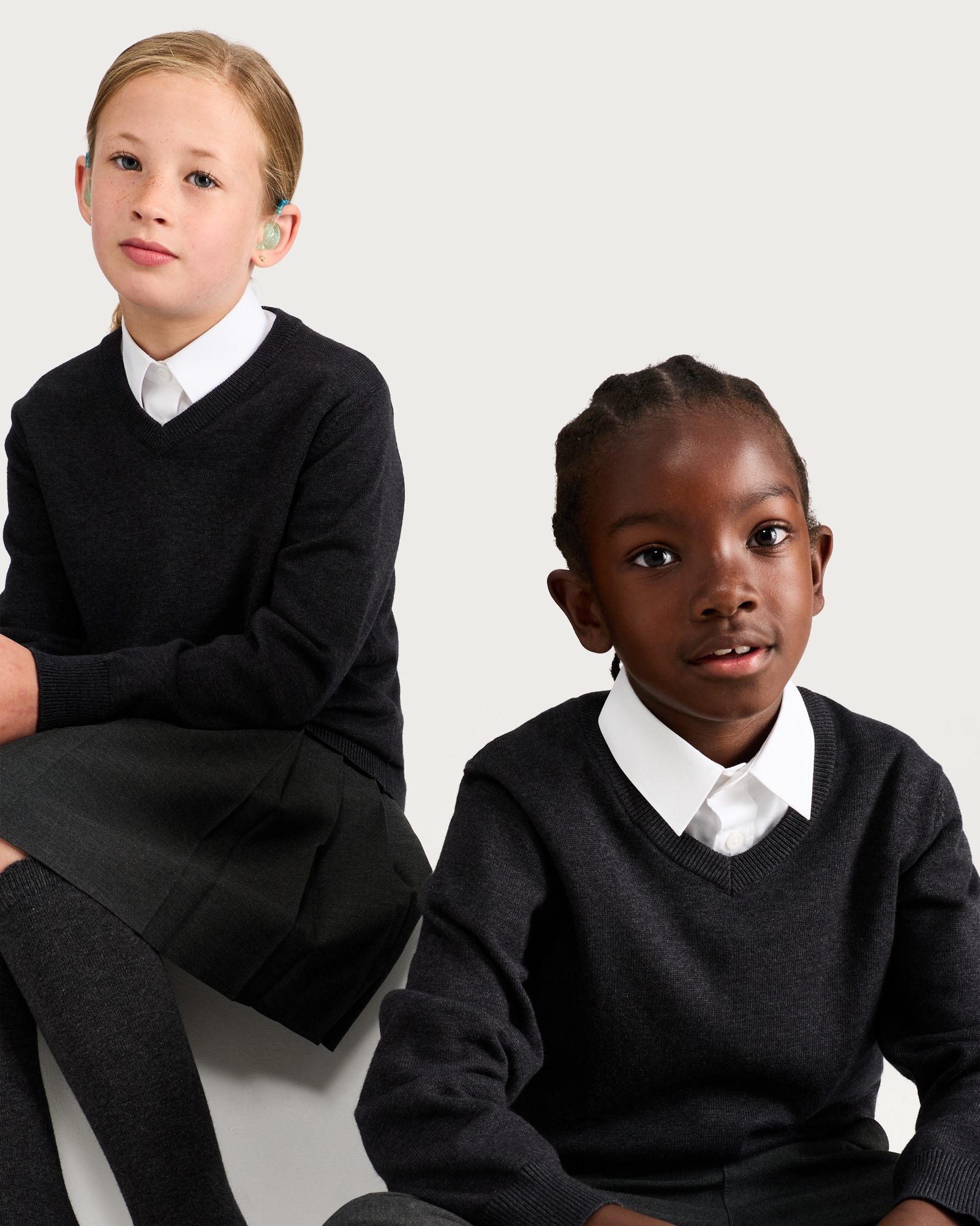 F&F School Unisex 2-Pack Pure Cotton V Neck Jumpers in Grey