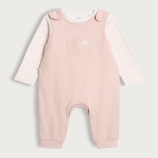 F&F Baby Cotton Rich Ribbed Dungarees and Bodysuit Set in Pink