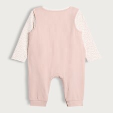 F&F Baby Cotton Rich Ribbed Dungarees and Bodysuit Set in Pink thumbnail 2