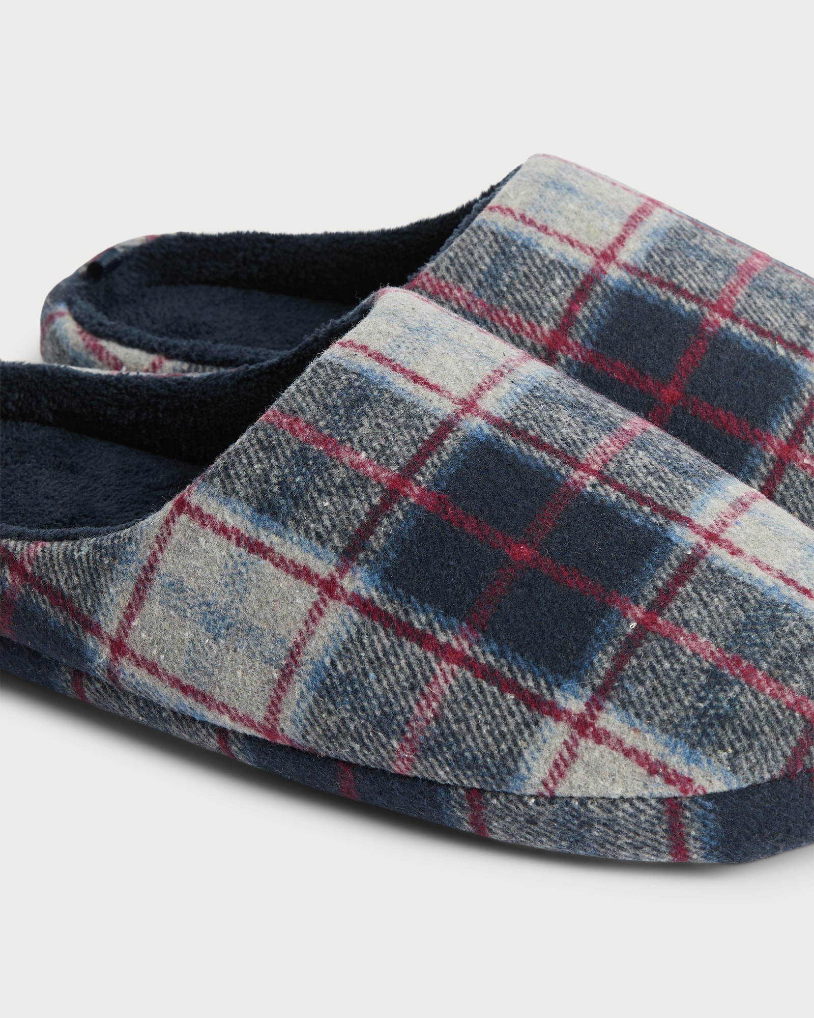 F&F Fleece Lined Check Print Mule Slippers in Navy thumbnail 3
