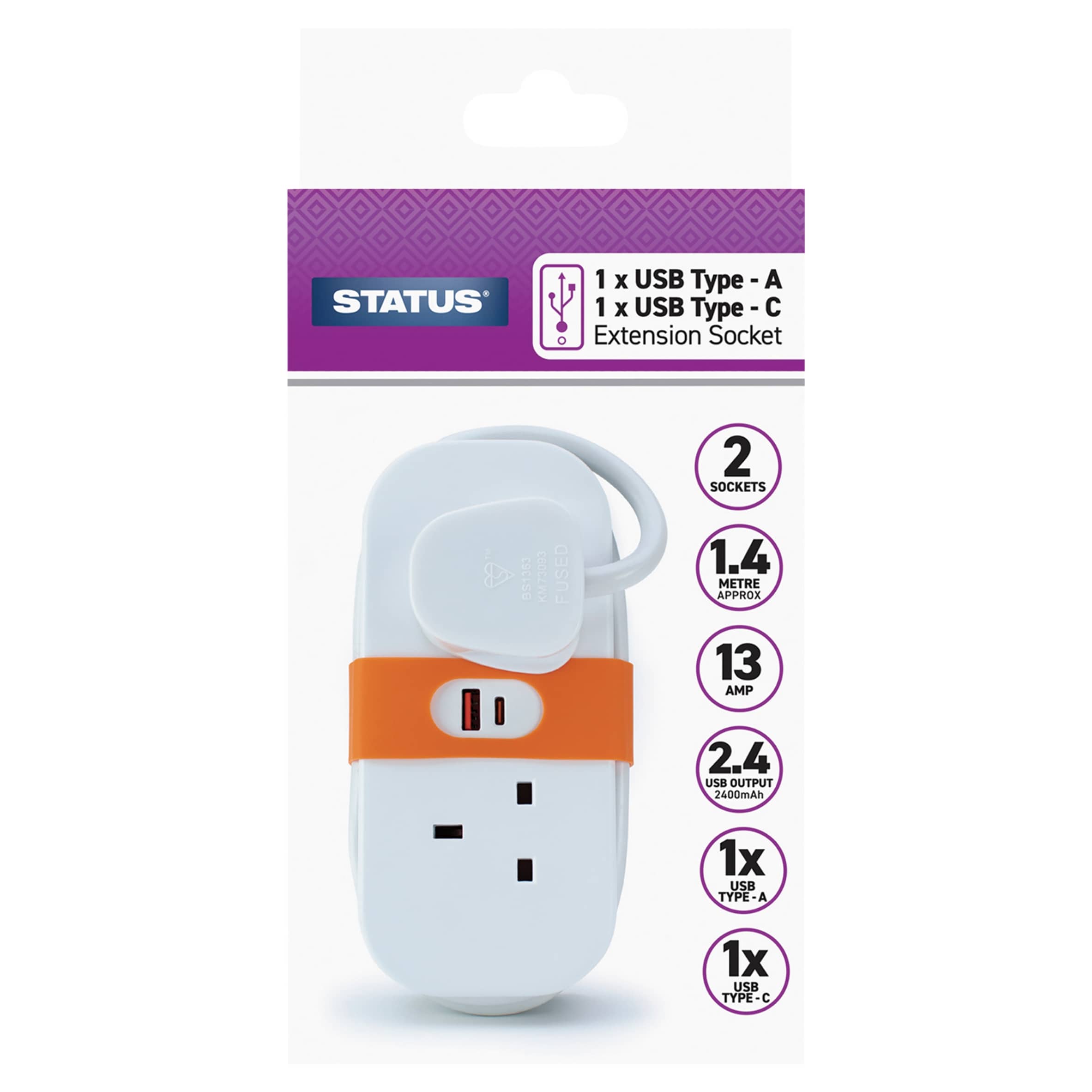 Status Compact 1.4m Mains Extension Lead With USB A&C Ports.