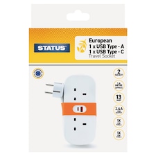 Status Compact 1.4m Euro Plug Mains Extension Lead / Travel Socket With USB A&C Ports.