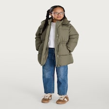 F&F Girls Hooded Longline Shower Resistant Puffer Coat in Khaki thumbnail 3