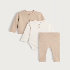 F&F Baby 3-Piece Cotton Rich Knitted Cardigan, Bodysuit and Legging Set in Med Nude