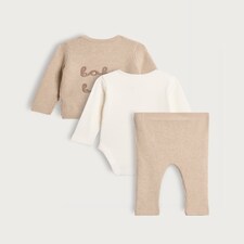 F&F Baby 3-Piece Cotton Rich Knitted Cardigan, Bodysuit and Legging Set in Med Nude thumbnail 2