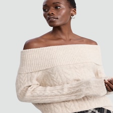 F&F Cable Knit Off Shoulder Jumper with Wool in Neutral