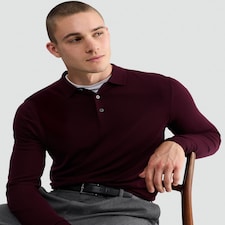 F&F Pure Merino Wool Long Sleeved Polo Shirt in Burgundy
