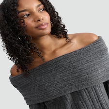 F&F Ribbed Knitted Off Shoulder Dress with Wool in Grey