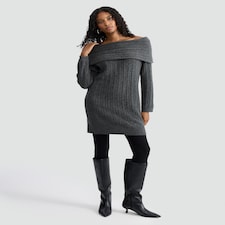 F&F Ribbed Knitted Off Shoulder Dress with Wool in Grey thumbnail 2