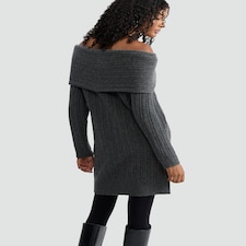 F&F Ribbed Knitted Off Shoulder Dress with Wool in Grey thumbnail 3