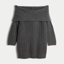 F&F Ribbed Knitted Off Shoulder Dress with Wool in Grey thumbnail 4