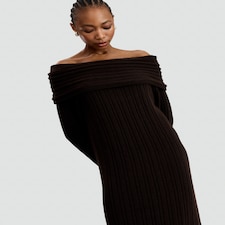 F&F Ribbed Knit Bardot Midi Dress with Wool in Brown thumbnail 3