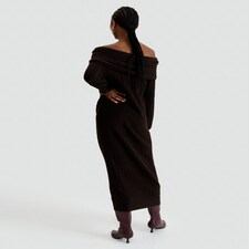 F&F Ribbed Knit Bardot Midi Dress with Wool in Brown thumbnail 4