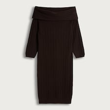 F&F Ribbed Knit Bardot Midi Dress with Wool in Brown thumbnail 5