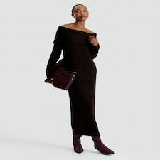 F&F Ribbed Knit Bardot Midi Dress with Wool in Brown