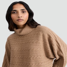 F&F Cable Knit Roll Neck Batwing Jumper with Wool in Camel
