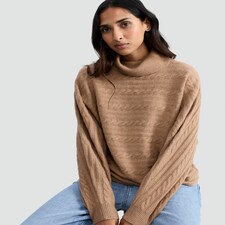 F&F Cable Knit Roll Neck Batwing Jumper with Wool in Camel thumbnail 2