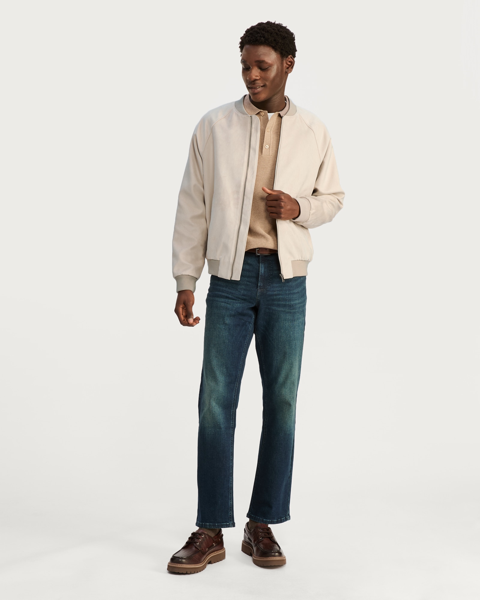 The F&F Edit Faux Suede Zip Front Bomber Jacket in Stone