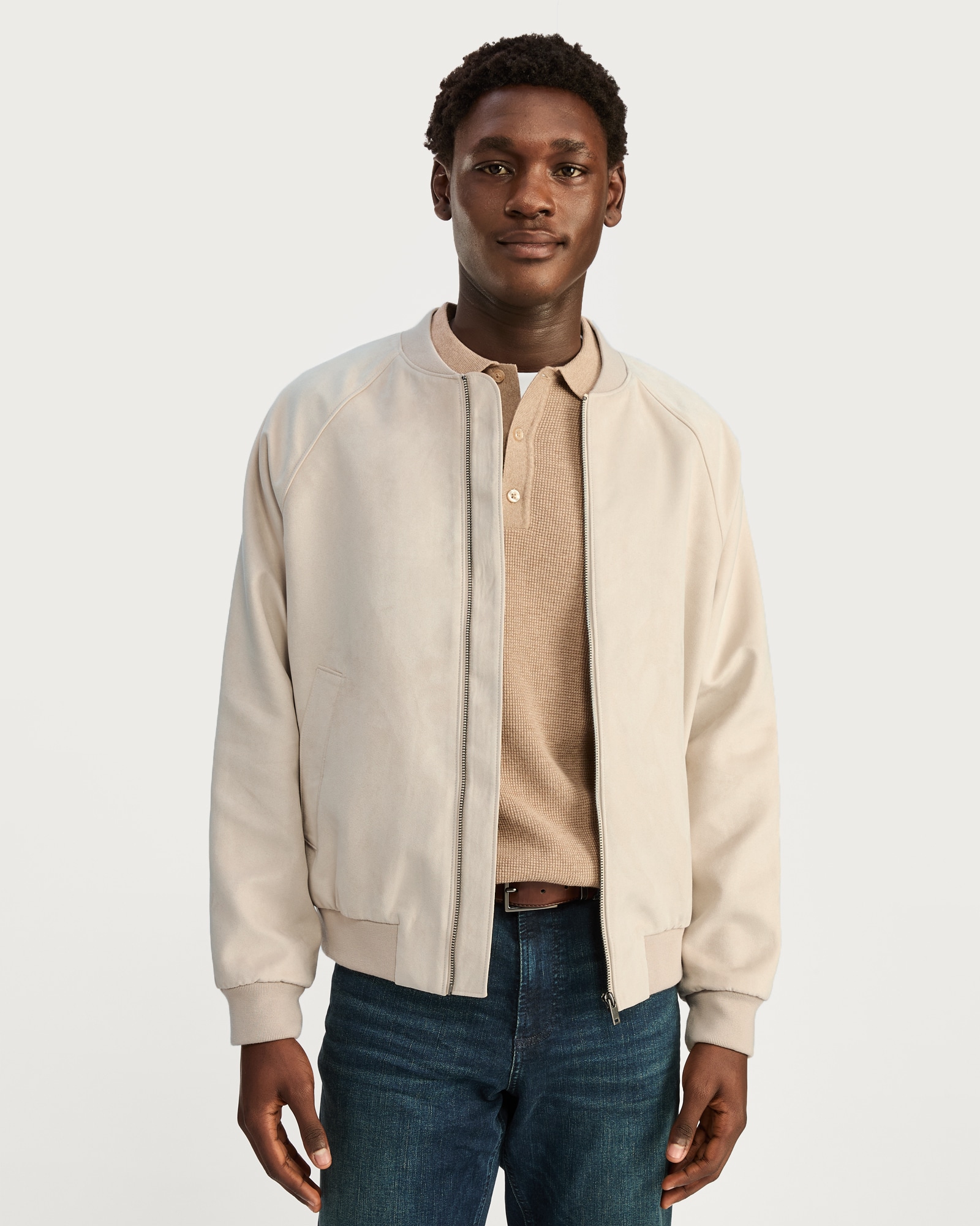 The F&F Edit Faux Suede Zip Front Bomber Jacket in Stone thumbnail 2