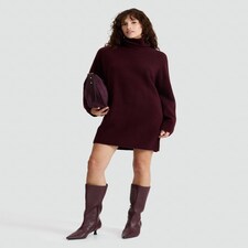 F&F Knitted Roll Neck Jumper Dress with Wool in Burgundy thumbnail 2