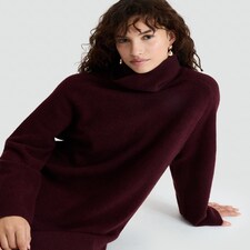 F&F Knitted Roll Neck Jumper Dress with Wool in Burgundy thumbnail 3